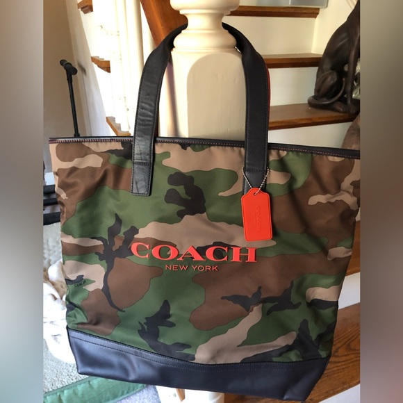 Coach Bags Nylon Coach Tote In Camo With Orange Lettering Poshmark